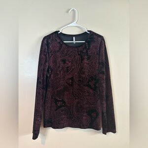 White Stag Black Velvet & Red Glitter Paisley Print Long Sleeve Top NWOT